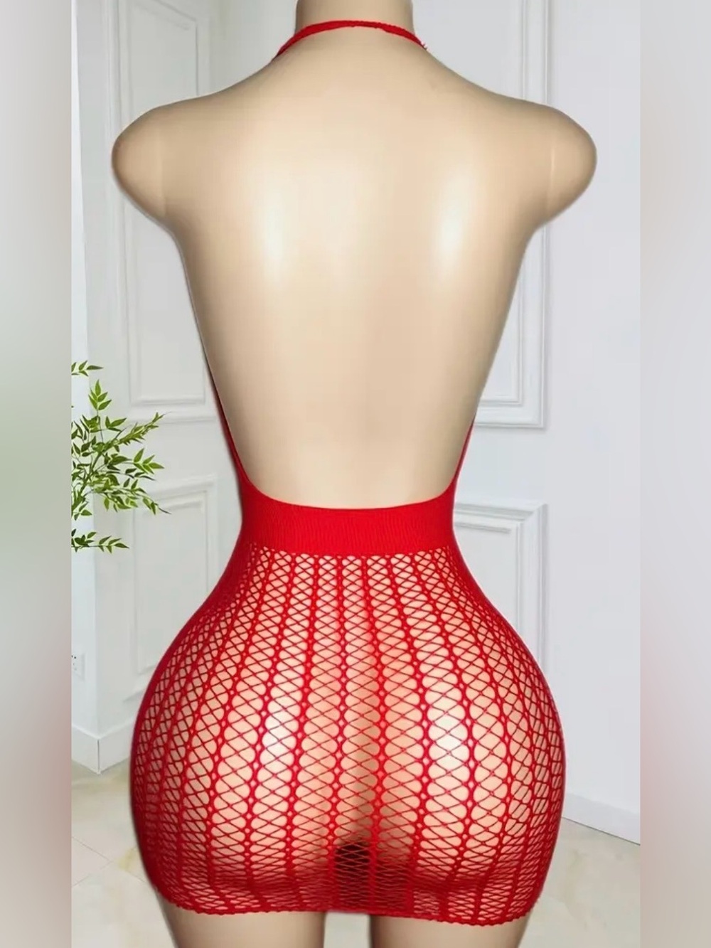 Red, Fishnet, Halter, Lingerie Slip - Picture 5 of 6